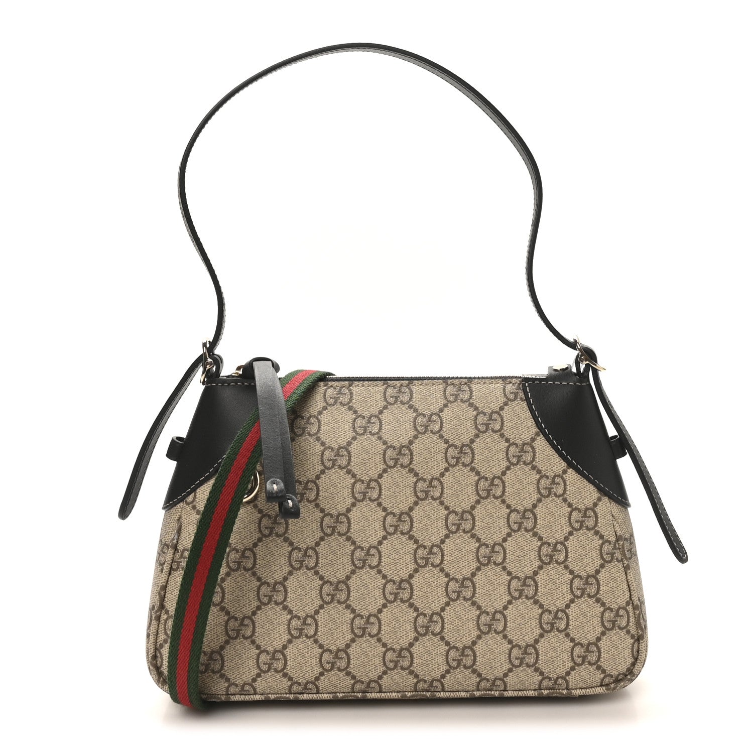 Gucci GG Supreme Monogram Textured Calfskin Small Emblem Shoulder Bag Beige Black 1 of 10
