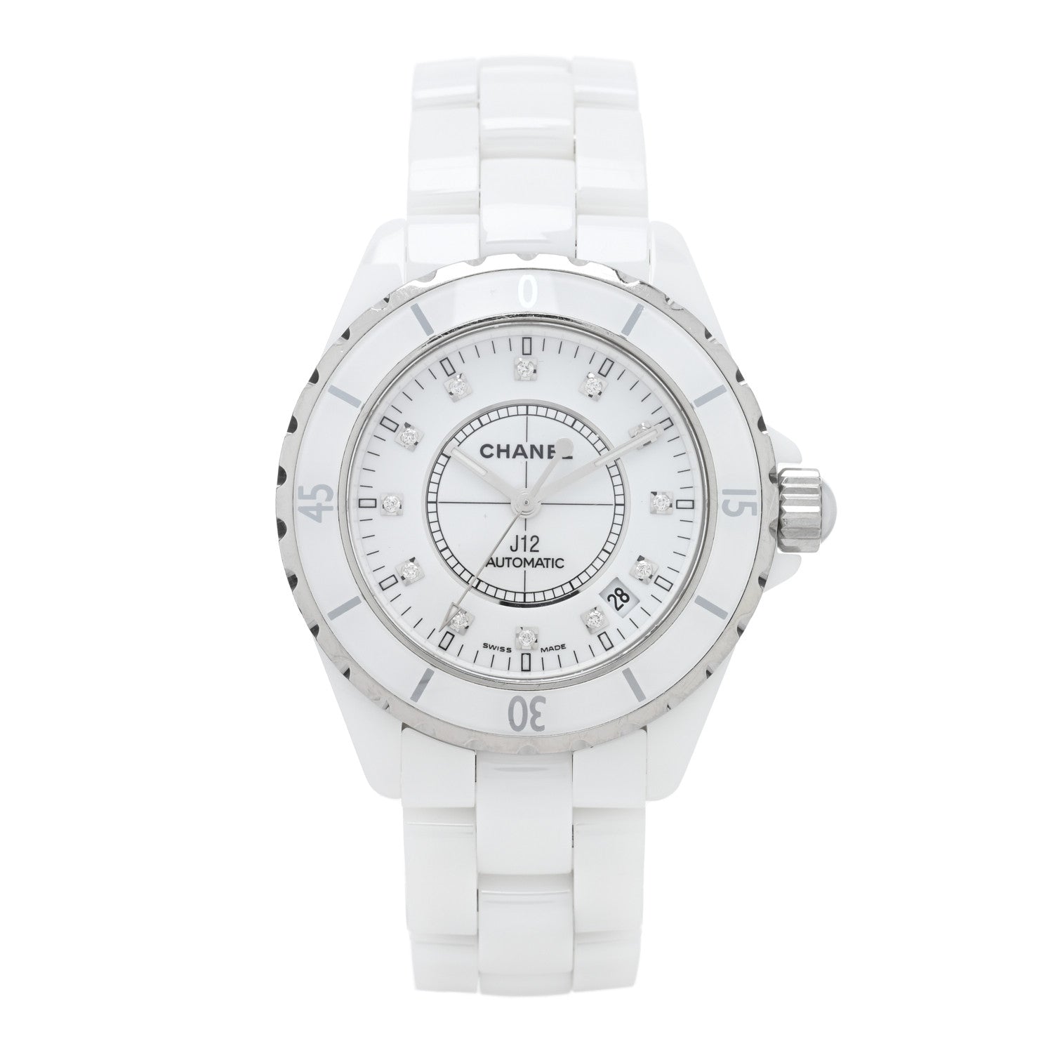 Chanel Stainless Steel Ceramic Diamond 38mm J12 Automatic Watch White 1 of 5