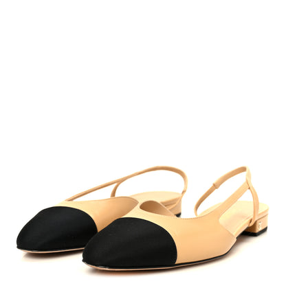 Chanel Goatskin Grosgrain Cap Toe CC Slingback Sandals 41 Beige Black 4 of 8