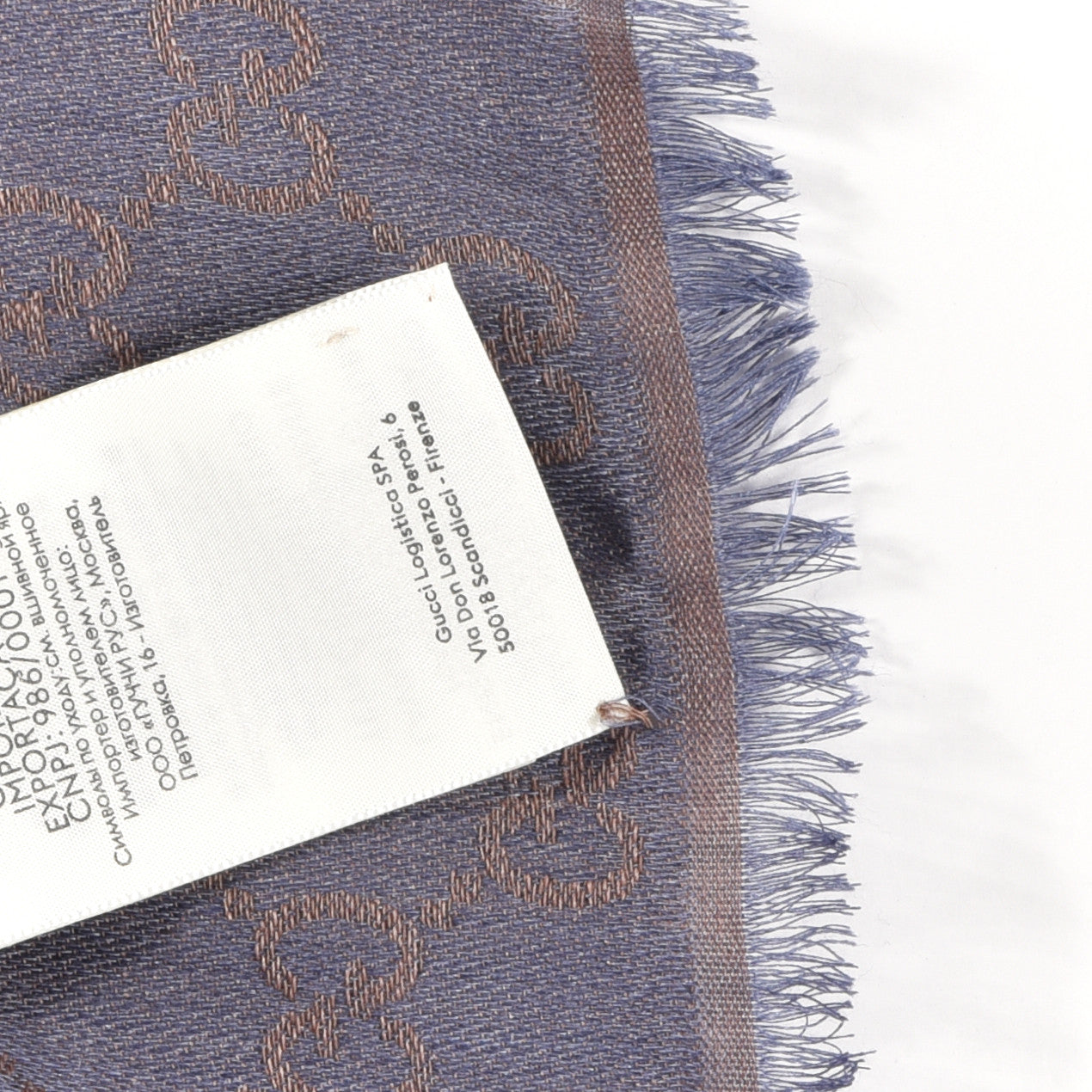 Wool Silk Monogram GGWeb Fringe Shawl Taupe Sky Blue