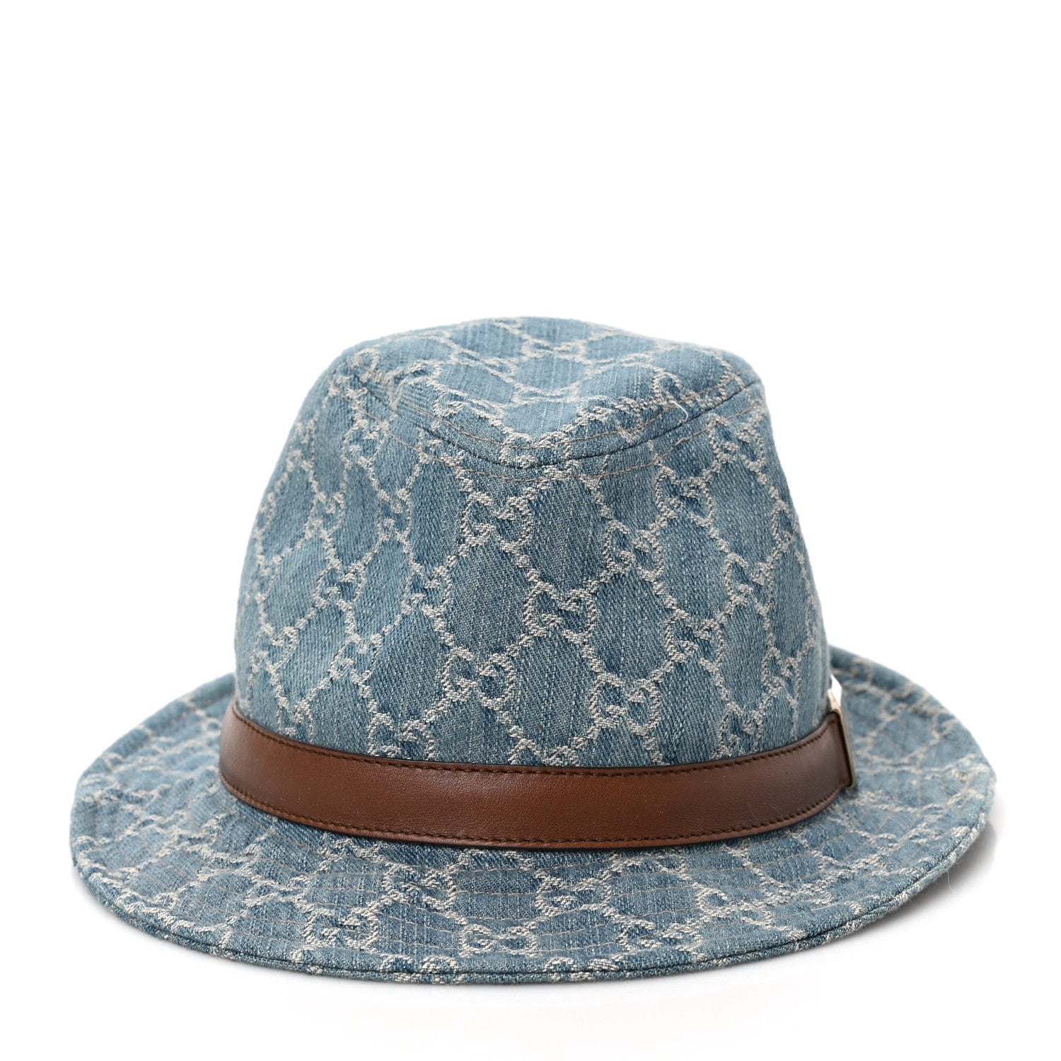 Gucci Washed Jacquard Denim Nappa GG Monogram Fedora Hat S Denim Cuir 3 of 8
