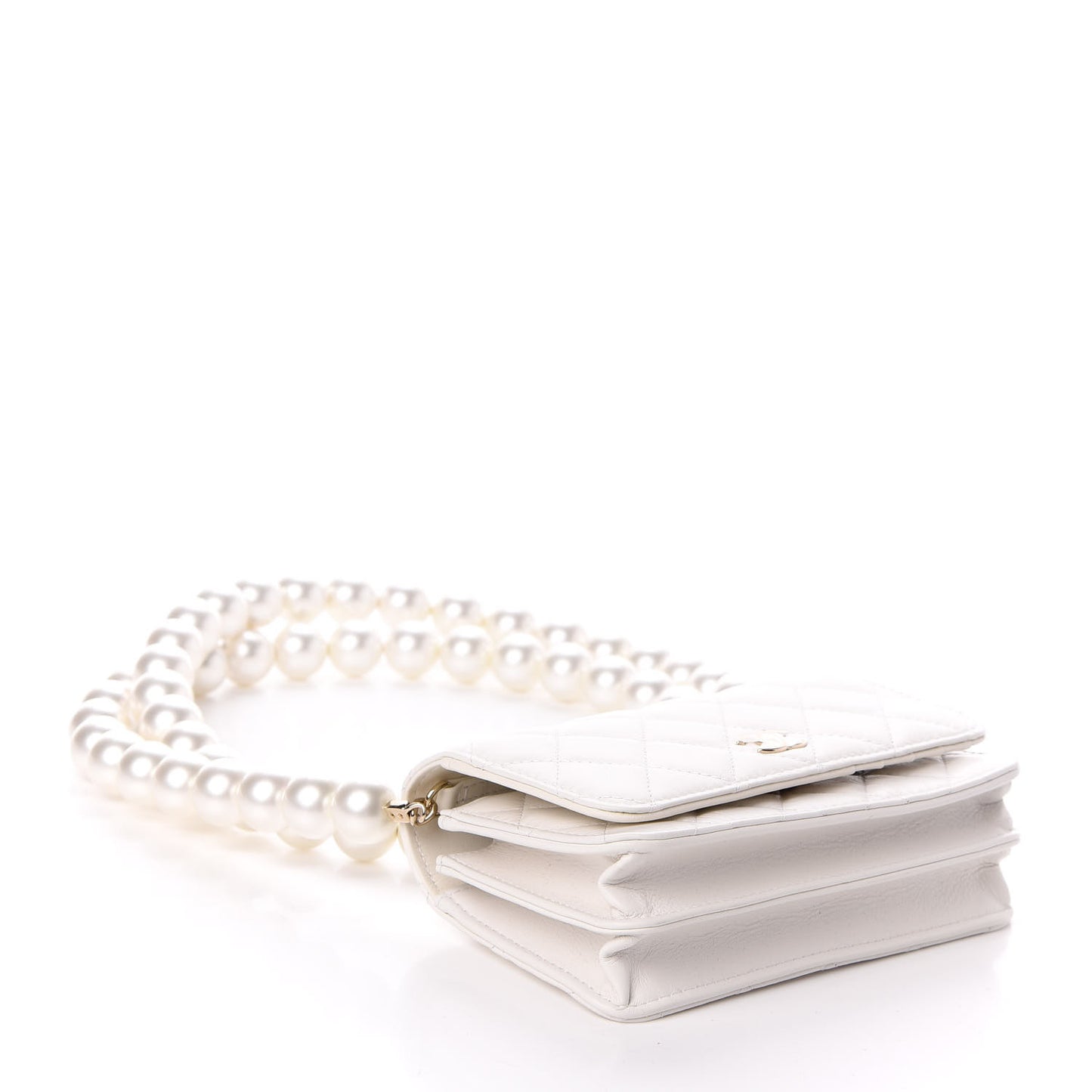 Calfskin Quilted Pearl Mini Wallet On Chain WOC White
