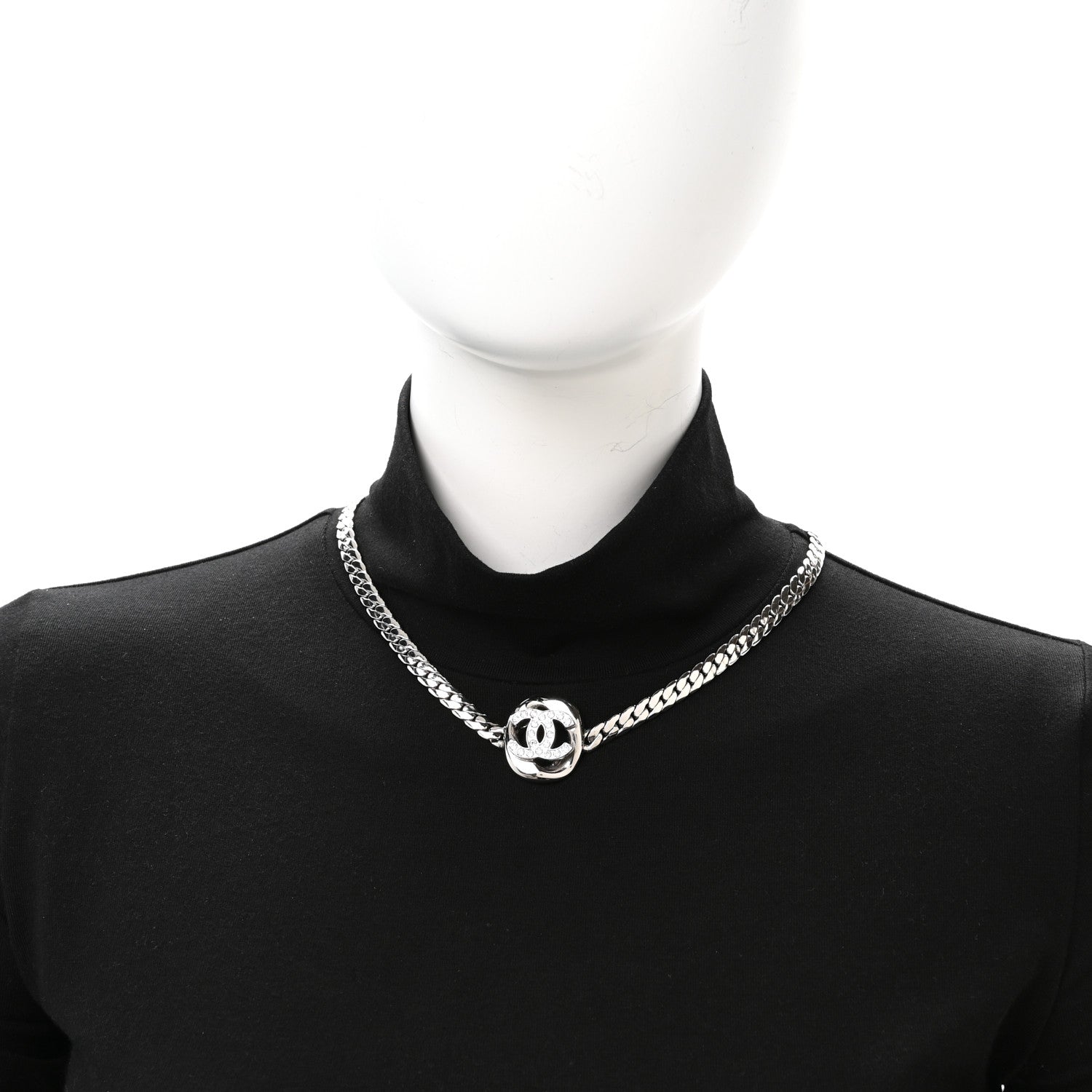 Chanel Metal Crystal CC Choker Necklace Silver 2 of 5