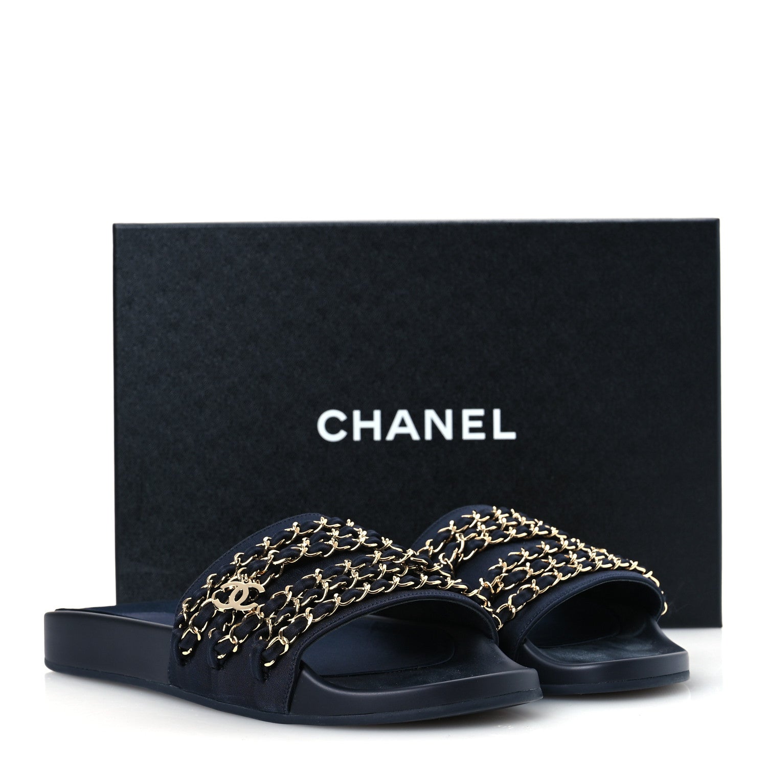 Chanel Satin Canvas Chain Slides Sandals Flats 40 Marine 12 of 12