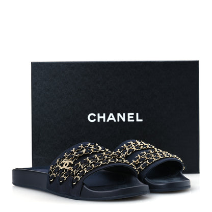 Chanel Satin Canvas Chain Slides Sandals Flats 40 Marine 12 of 12