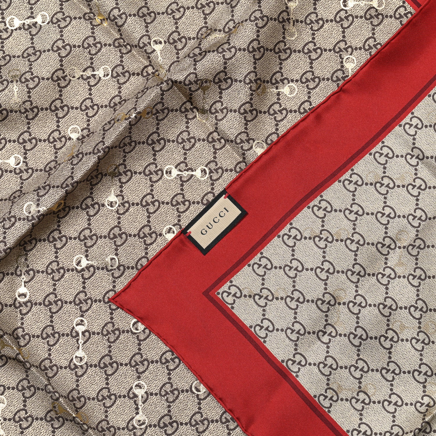 Gucci Silk Twill GG Monogram GG Gold Horsebit Square Scarf Red Gold 3 of 3