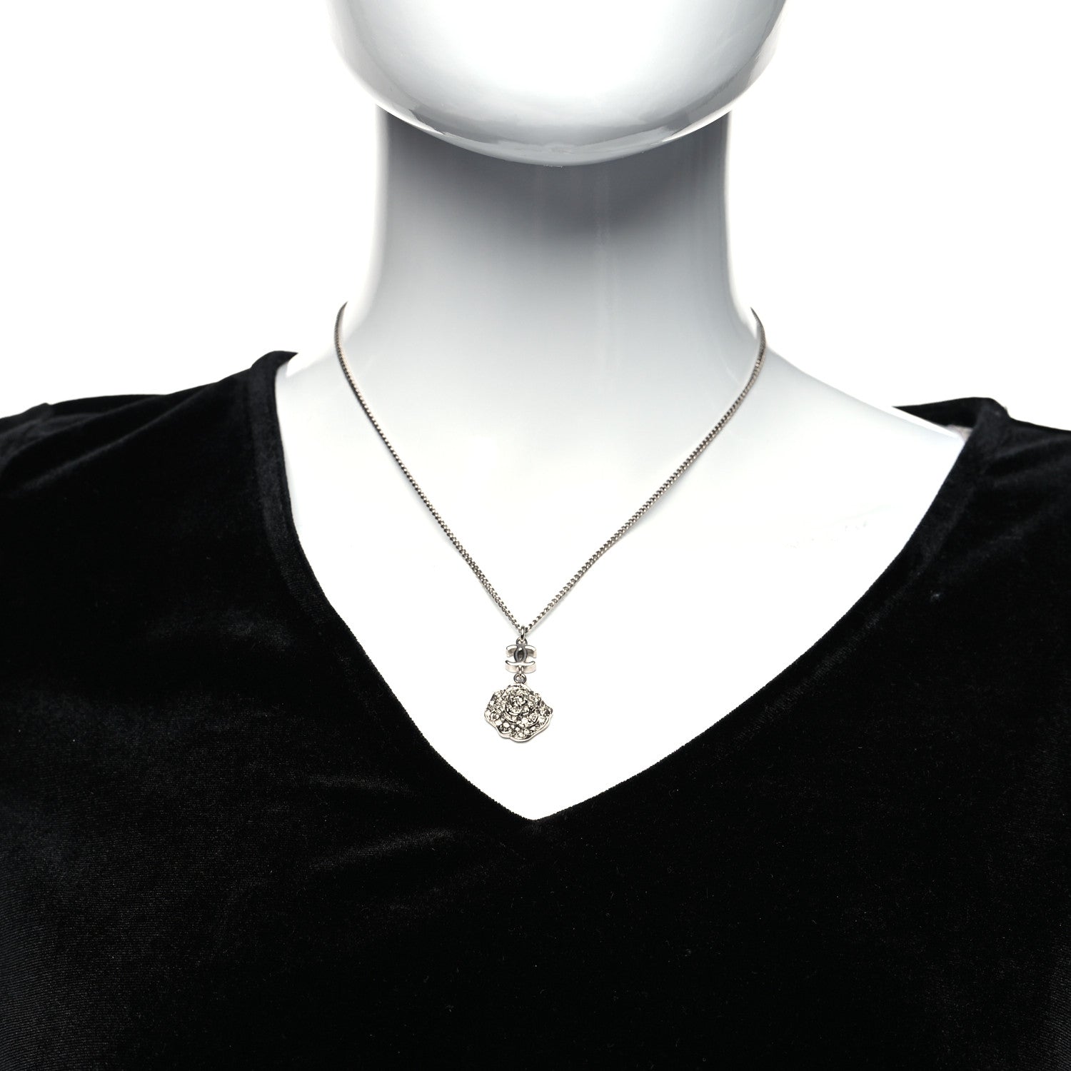 Chanel Crystal CC Camellia Necklace Silver 2 of 5