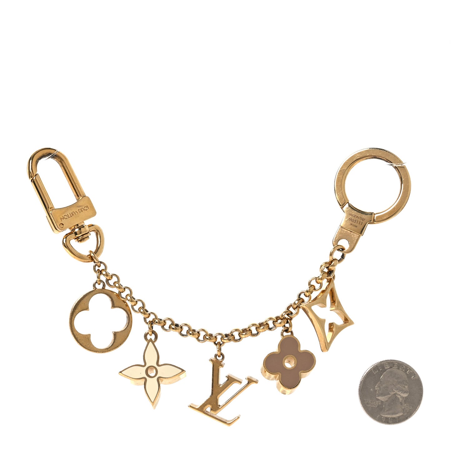 Brass Enamel Fleur De Monogram Bag Charm Chain Gold