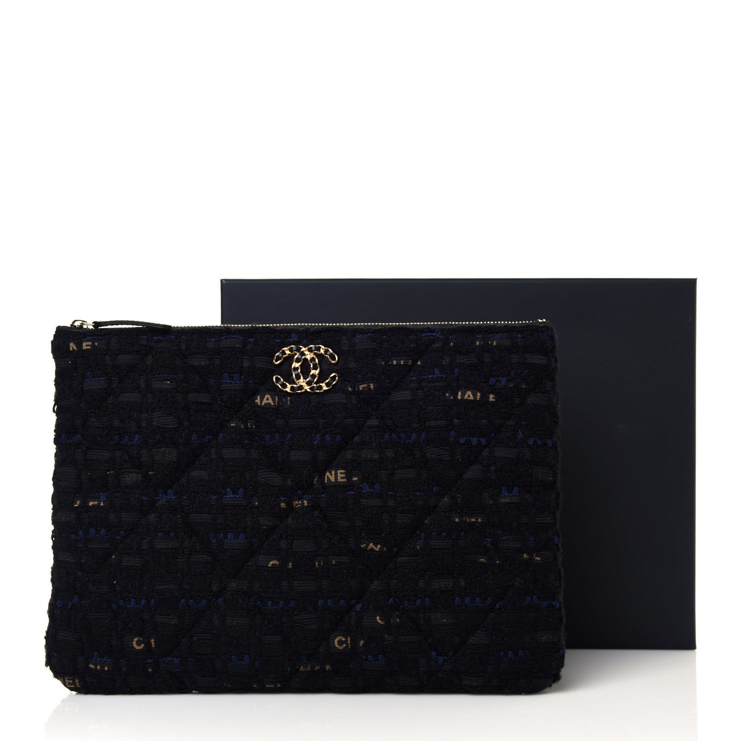 Tweed Quilted Large Chanel 19 Pouch Black Navy Gold