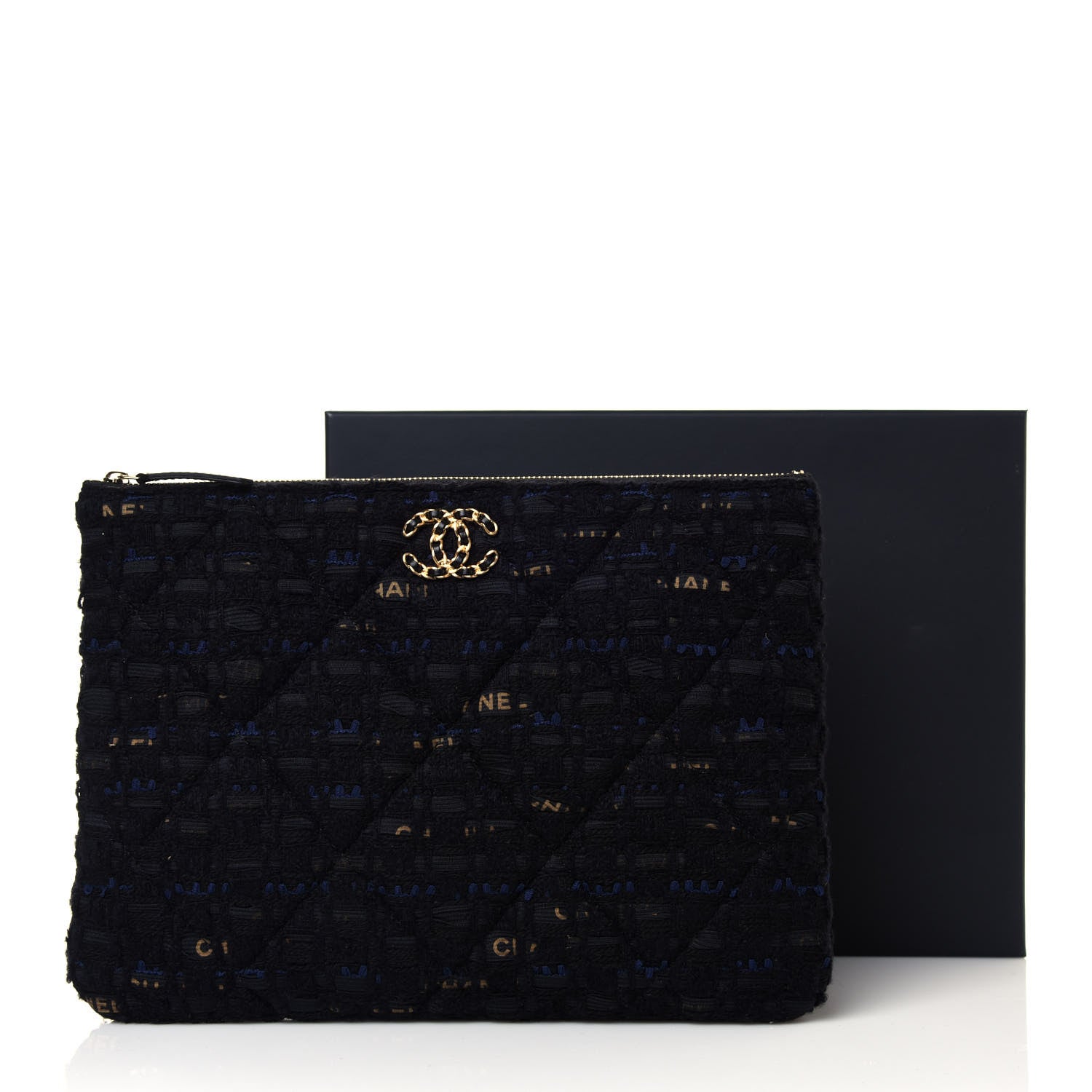 Chanel Tweed Quilted Large Chanel 19 Pouch Black Navy Gold 13 of 13
