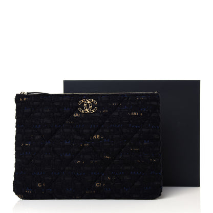 Chanel Tweed Quilted Large Chanel 19 Pouch Black Navy Gold 13 of 13