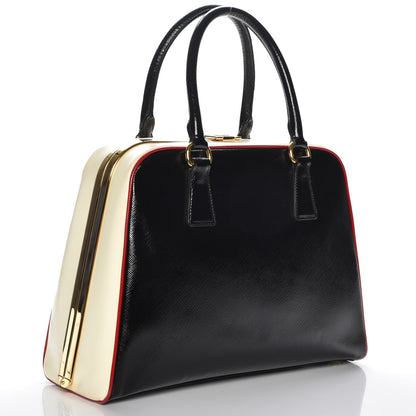 Prada Saffiano Vernice Pyramid Bag Black White Rosso 3 of 7
