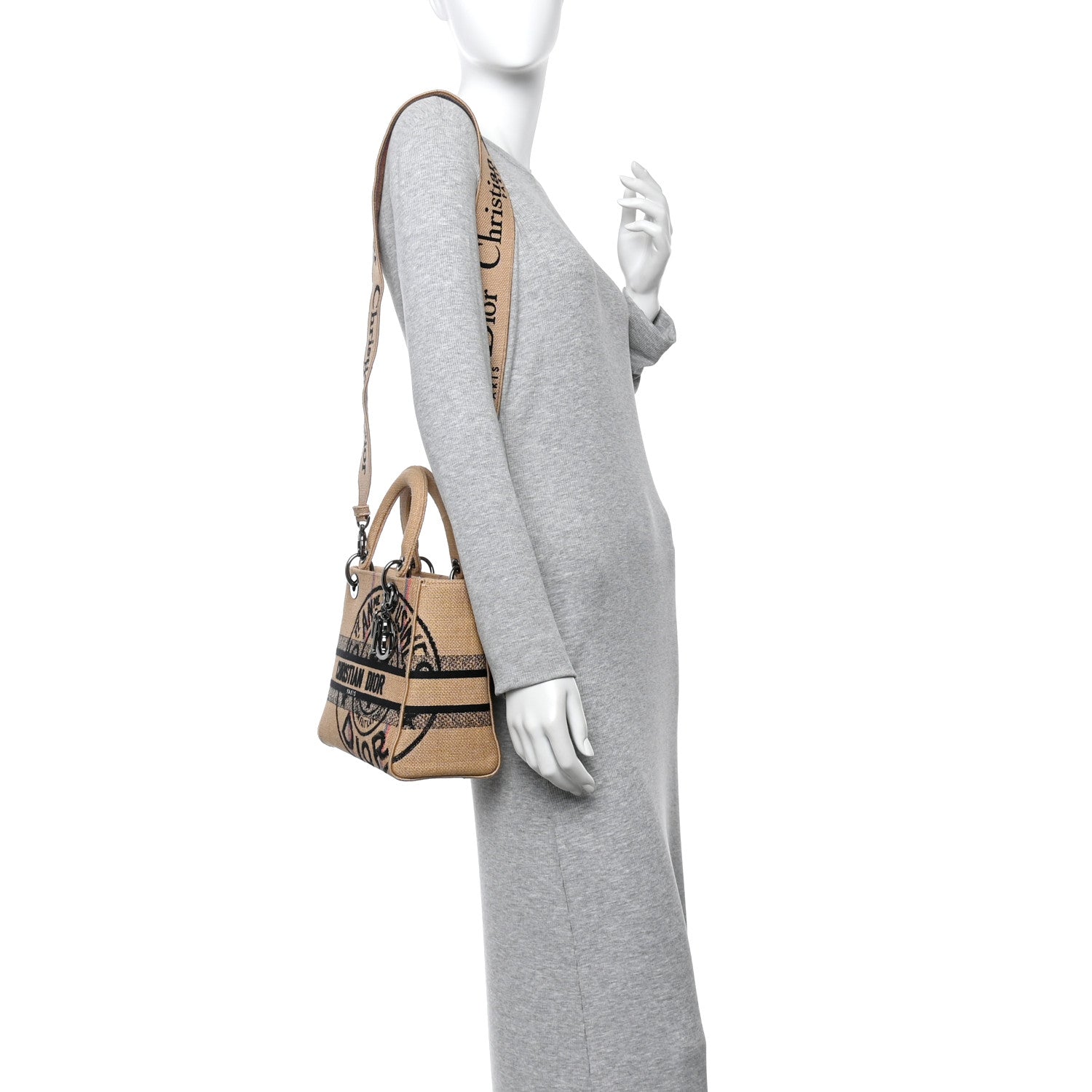 Christian Dior Canvas Jute Embroidered Medium Lady D-Lite Beige Multicolor 2 of 10