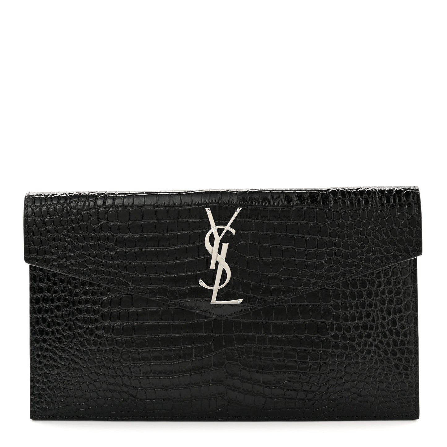Calfskin Crocodile Embossed Uptown Monogram Clutch Black