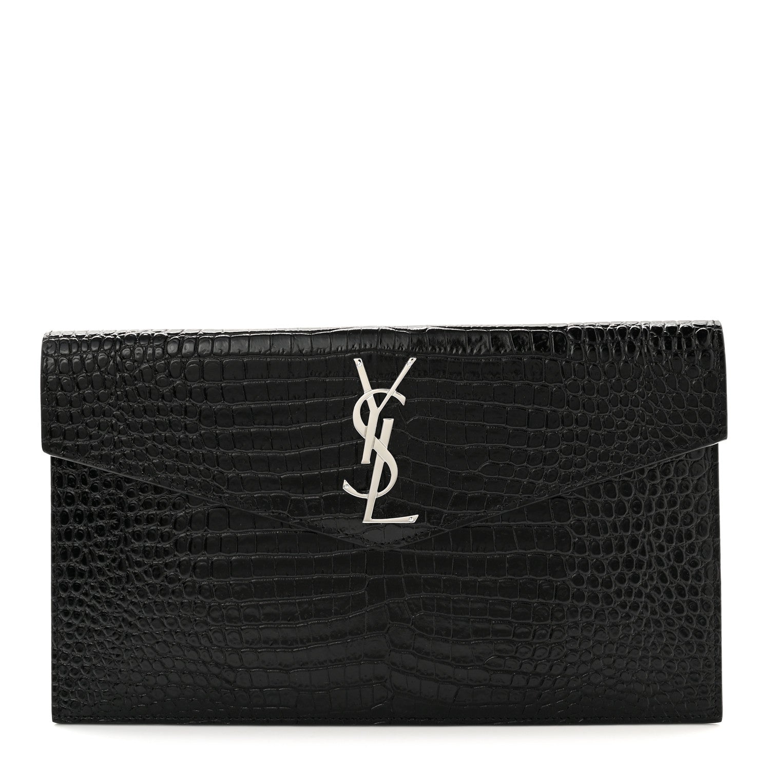 Saint Laurent Calfskin Crocodile Embossed Uptown Monogram Clutch Black 1 of 7