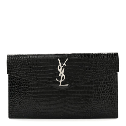 Saint Laurent Calfskin Crocodile Embossed Uptown Monogram Clutch Black 1 of 7
