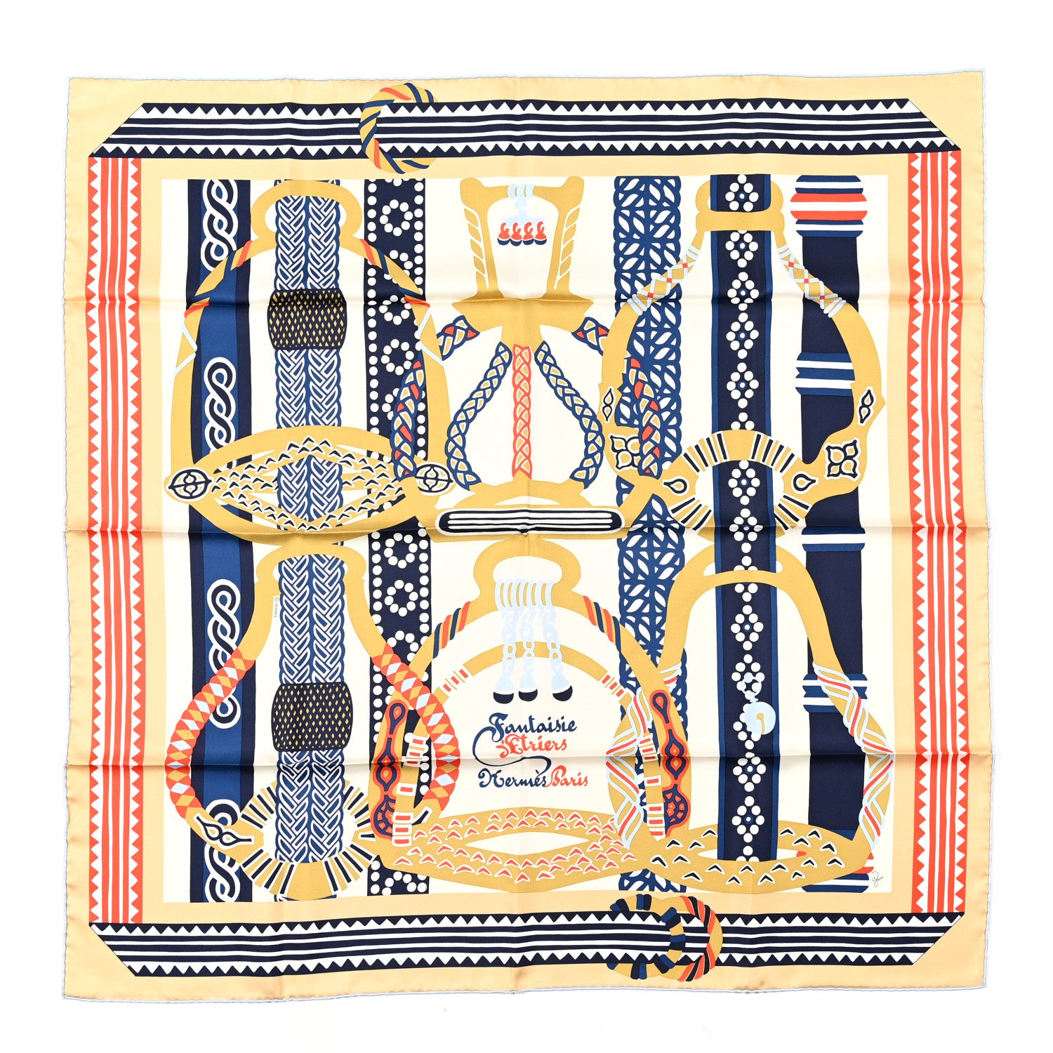 Hermes Silk Fantaisie D'etriers Scarf 90 Creme Marine Rouge 1 of 4