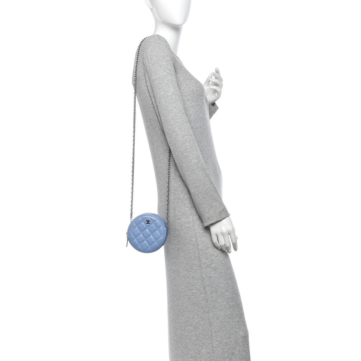 Lambskin Quilted Round Clutch With Chain Light Blue