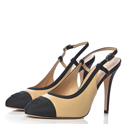 Chanel Lambskin Grosgrain Cap Toe CC Slingback Pumps 39.5 Beige Black 3 of 9