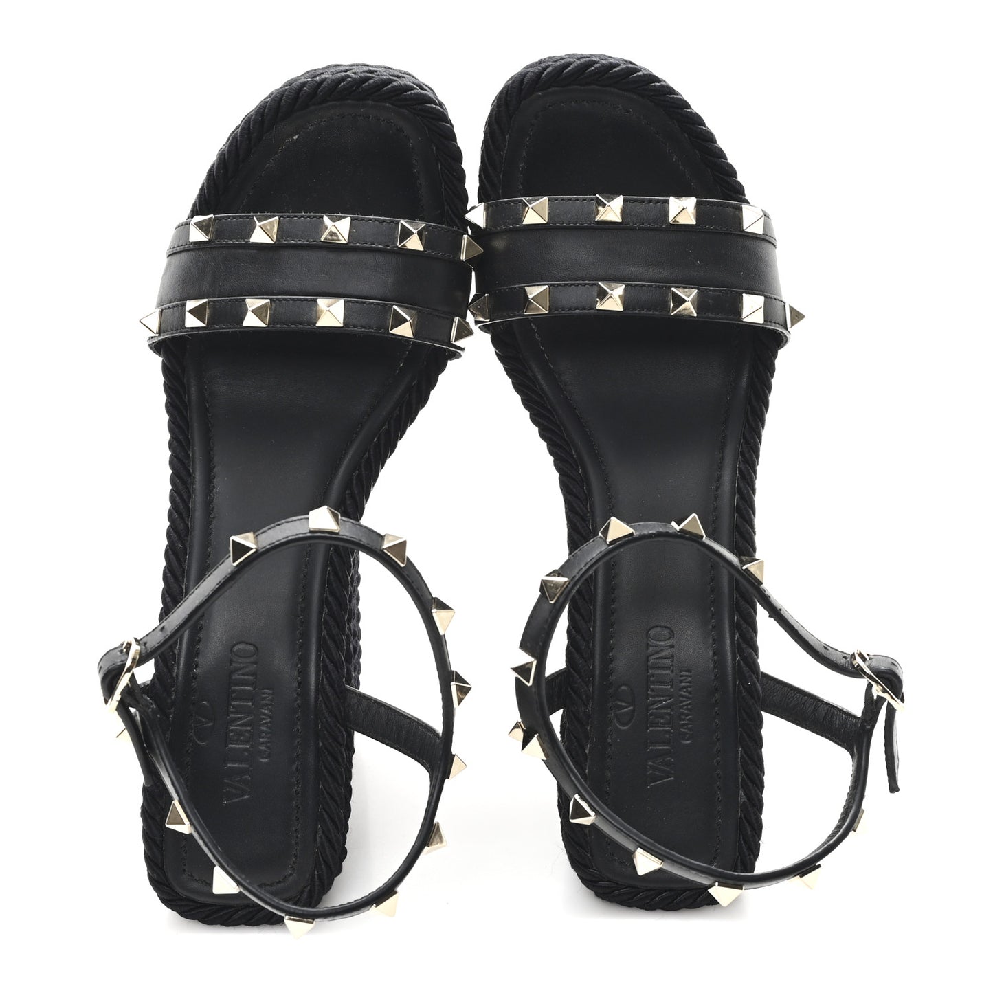 Calfskin Rockstud Ankle Strap Torchon Espadrille Caged 25/95mm Wedge Sandals 39 Black