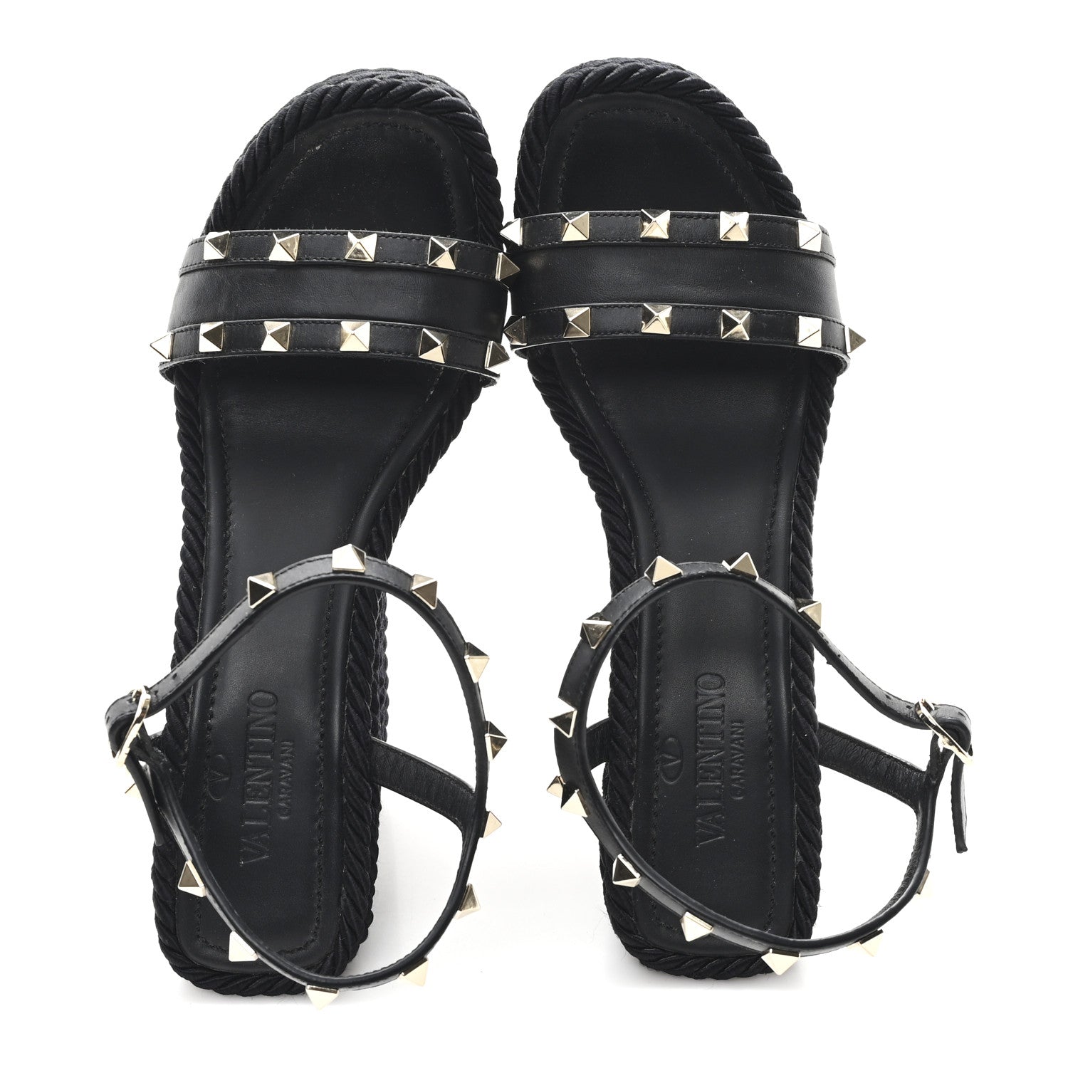 Valentino Garavani Calfskin Rockstud Ankle Strap Torchon Espadrille Caged 25/95mm Wedge Sandals 39 Black 2 of 9