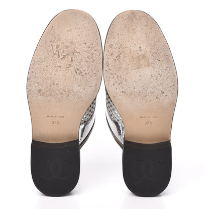 Chanel Lambskin Perforated Cap Toe Lace Up Mules 37.5 Silver Black 5 of 8