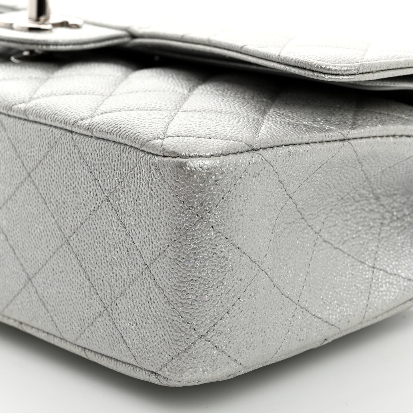 Glittered Metallic Caviar Quilted Medium Double Flap Silver