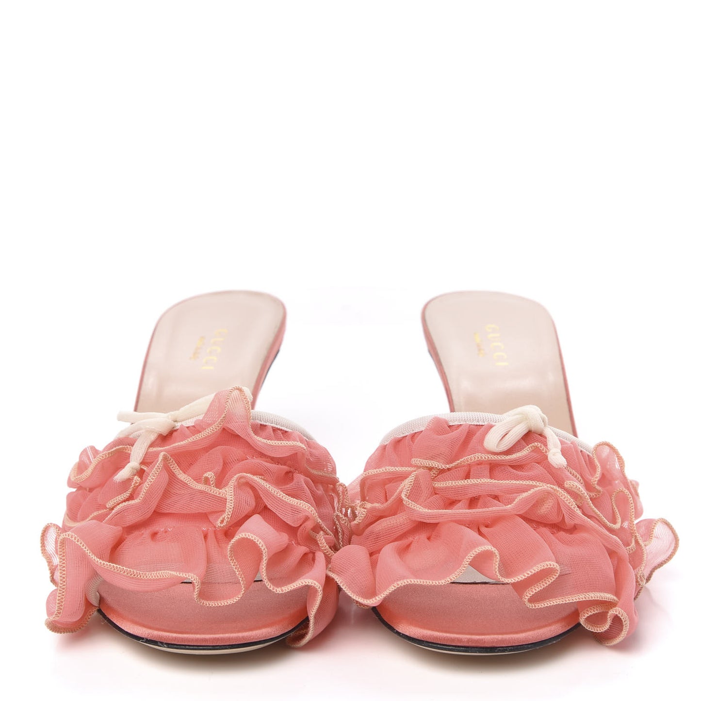 Tulle Ruffle Low Heel Slide Sandals 37 Peach White