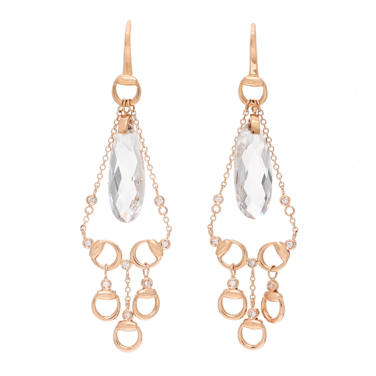 Gucci 18K Rose Gold Diamond White Topaz Horsebit Drop Earrings 1 of 5