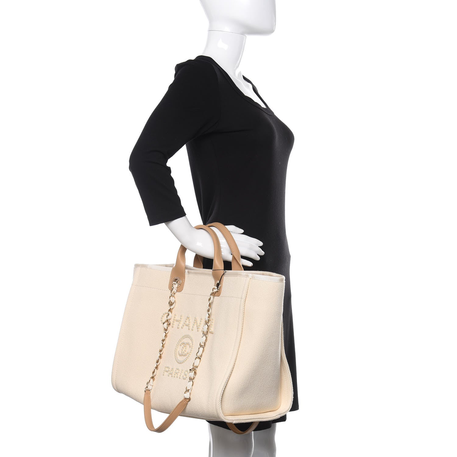 Chanel Canvas Pearl Medium Deauville Tote Ecru Beige 3 of 11