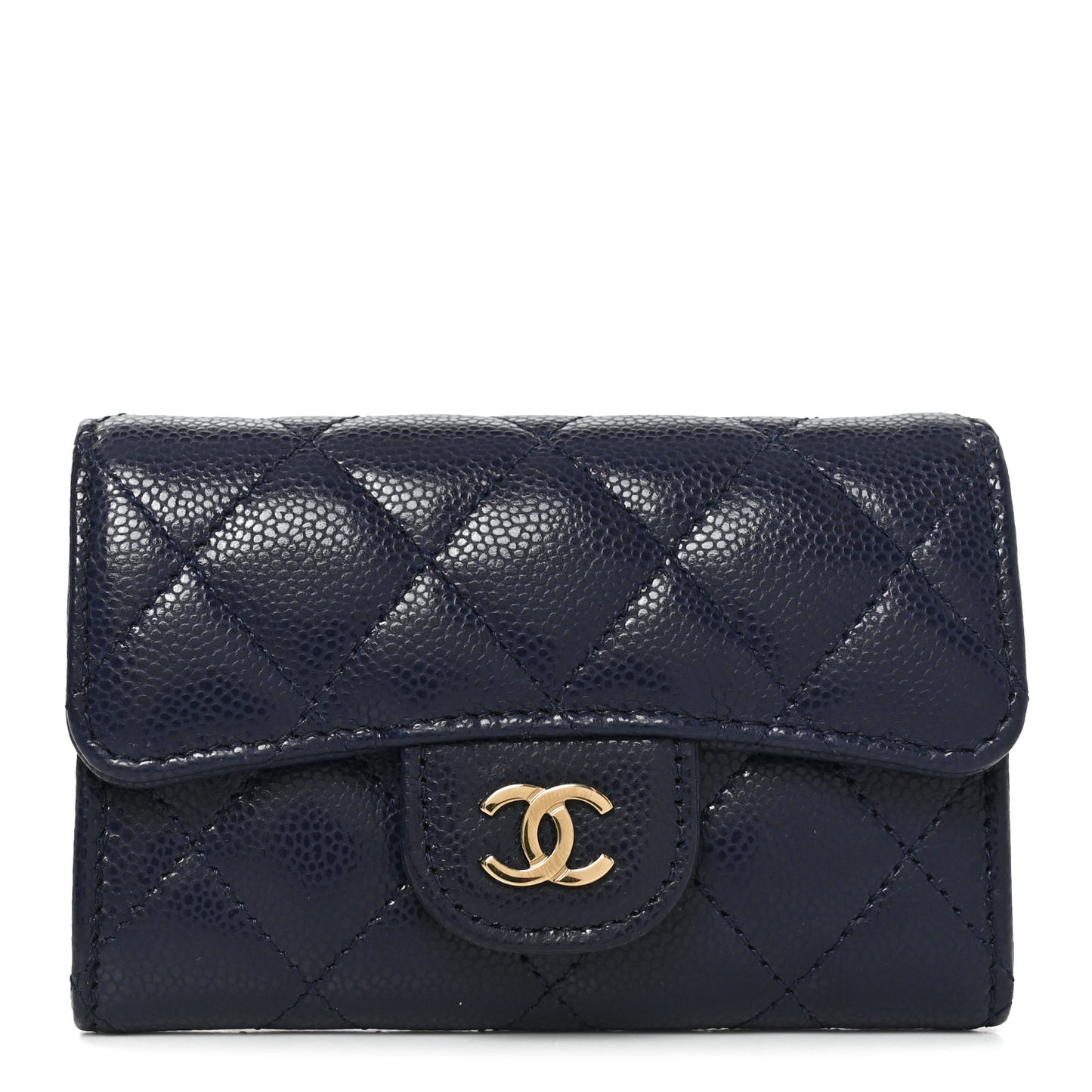 Caviar Quilted Flap Card Holder Wallet Navy Blue