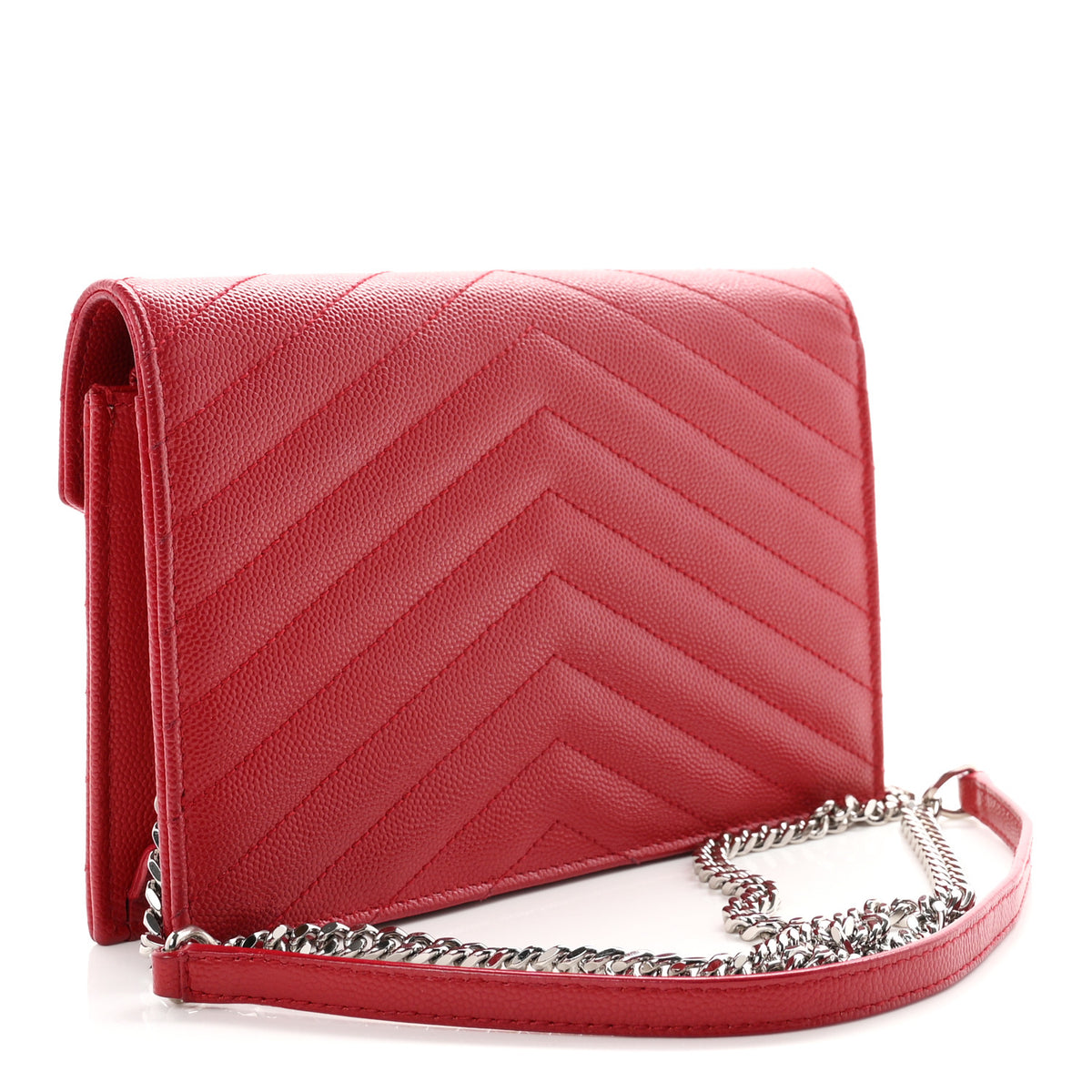 Saint Laurent Grain De Poudre Matelasse Chevron Monogram Envelope Chain Wallet  New Red 3 of 11