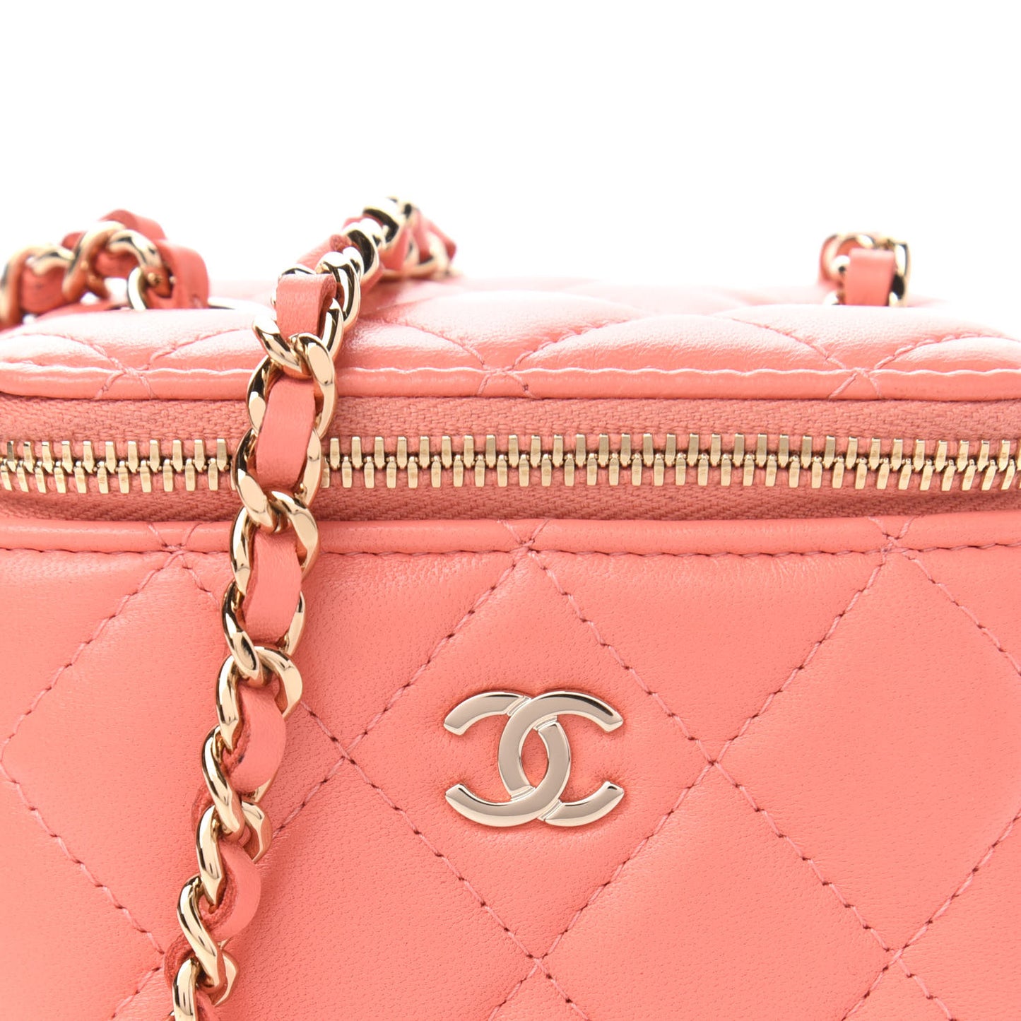 Lambskin Quilted Mini Vanity Case With Chain Coral