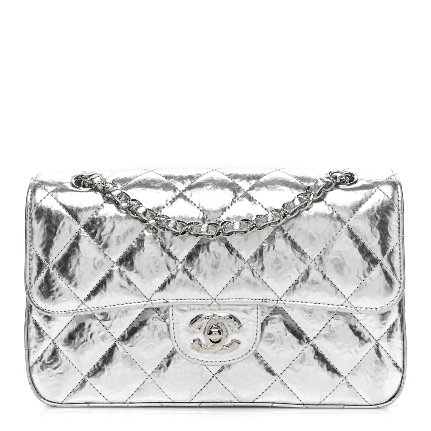 Hammered Metallic Calfskin Quilted Small Double Flap Silver