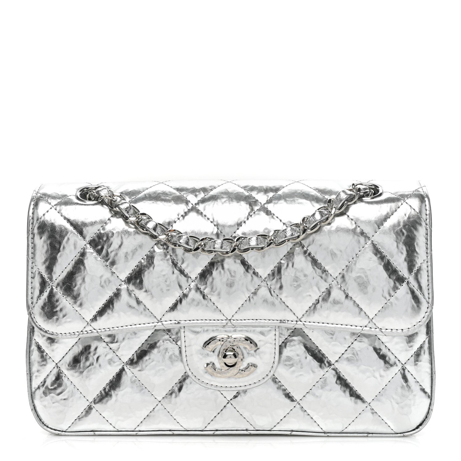 Chanel Hammered Metallic Calfskin Quilted Small Double Flap Silver 1 of 14