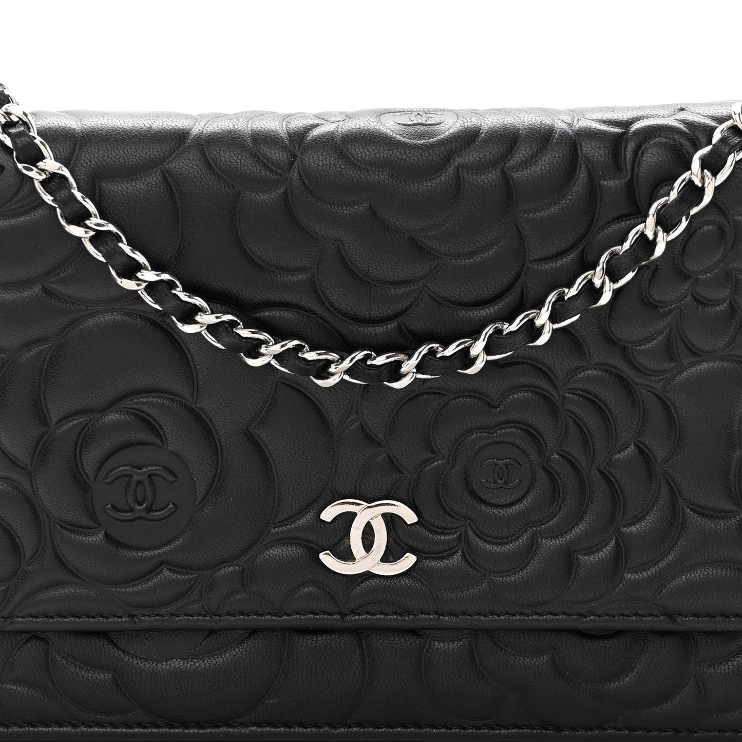 Lambskin Camellia Embossed Wallet on Chain WOC Black