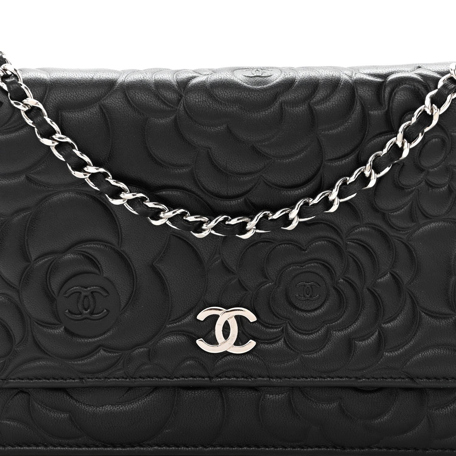 Chanel Lambskin Camellia Embossed Wallet on Chain WOC Black 9 of 12