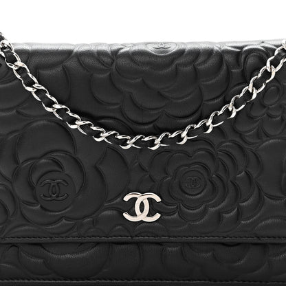 Chanel Lambskin Camellia Embossed Wallet on Chain WOC Black 9 of 12