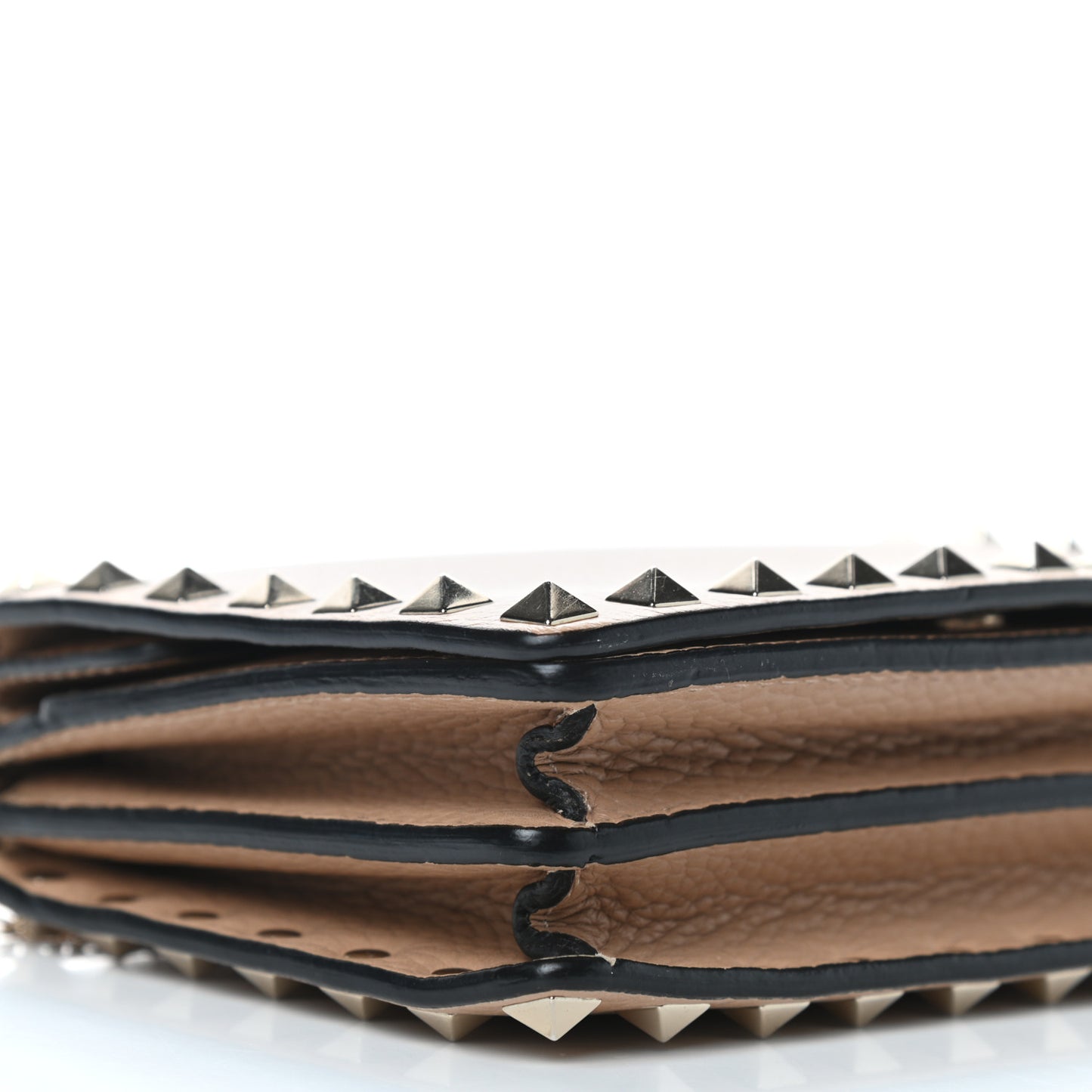 Pebbled Calfskin Rockstud Wallet on Chain Camel Rose