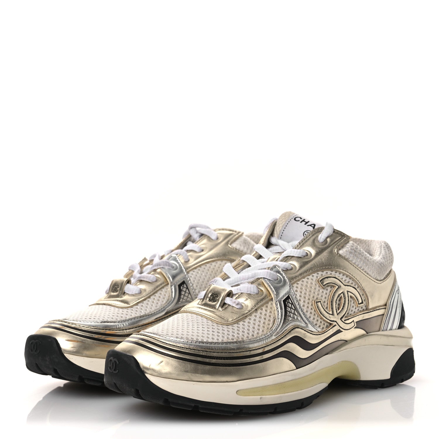 Chanel Fabric Laminated Calfskin Stretch CC Sneakers 37 White Gold Silver 4 of 18
