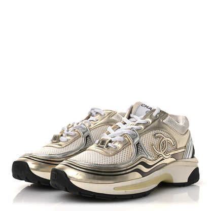 Chanel Fabric Laminated Calfskin Stretch CC Sneakers 37 White Gold Silver 4 of 18