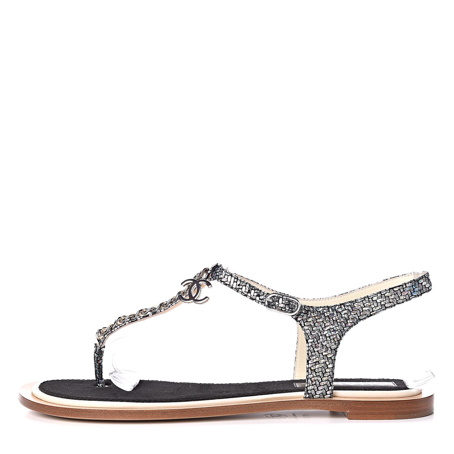 Goatskin Velvet Fantasy CC Chain Thong Sandals 41.5 Silver Ivory