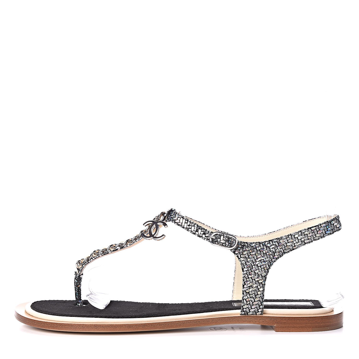 Chanel Goatskin Velvet Fantasy CC Chain Thong Sandals 41.5 Silver Ivory 1 of 10