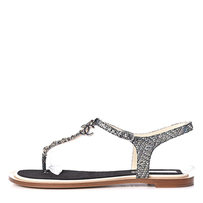 Chanel Goatskin Velvet Fantasy CC Chain Thong Sandals 41.5 Silver Ivory 1 of 10