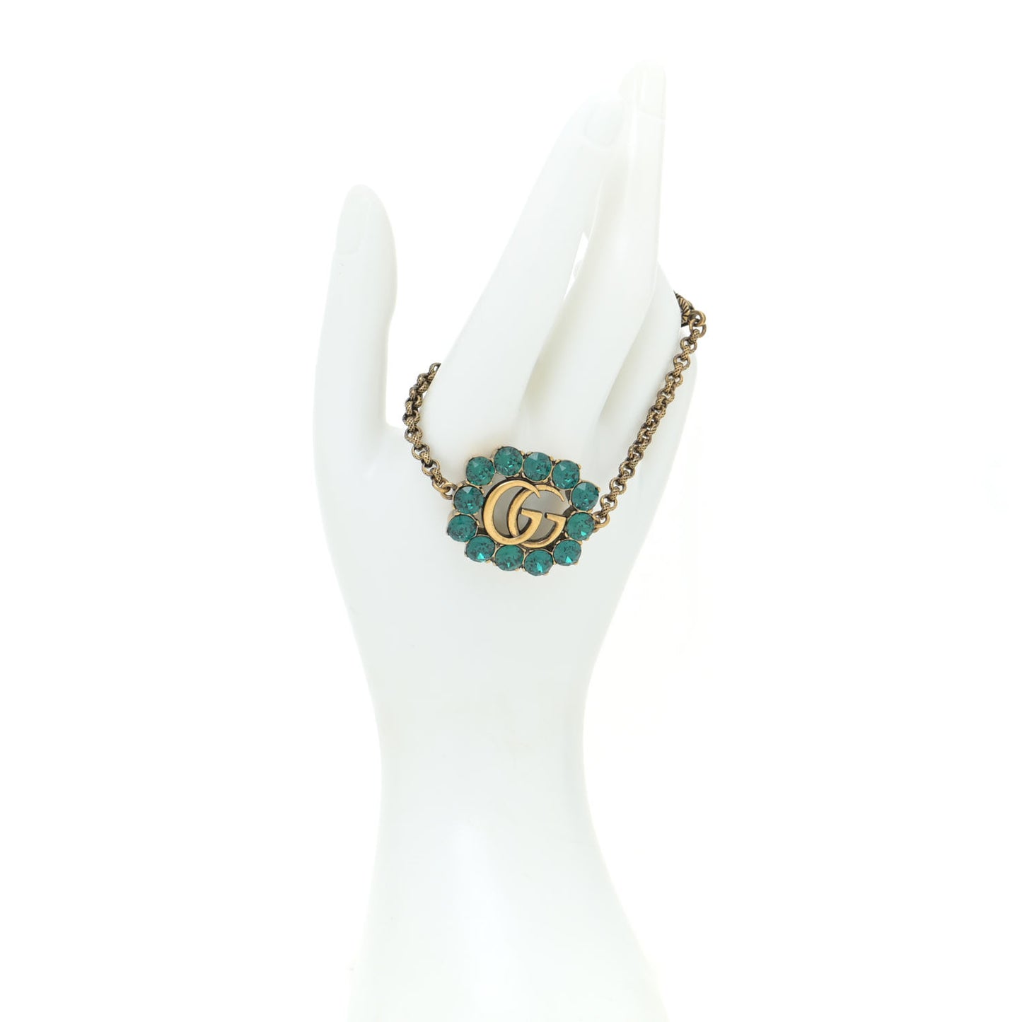 Oxidized Metal Crystal Double G Bracelet Aged Gold Green
