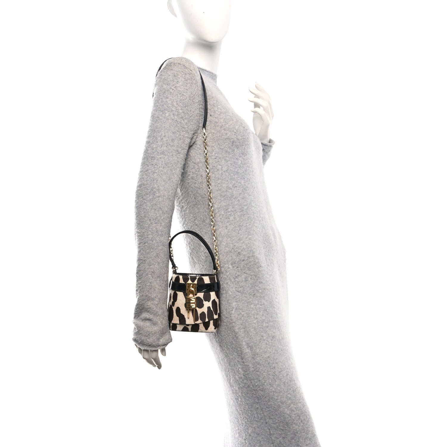 Givenchy Pony Calfskin Micro Leopard Print Shark Lock Bucket Bag Black Beige 2 of 10