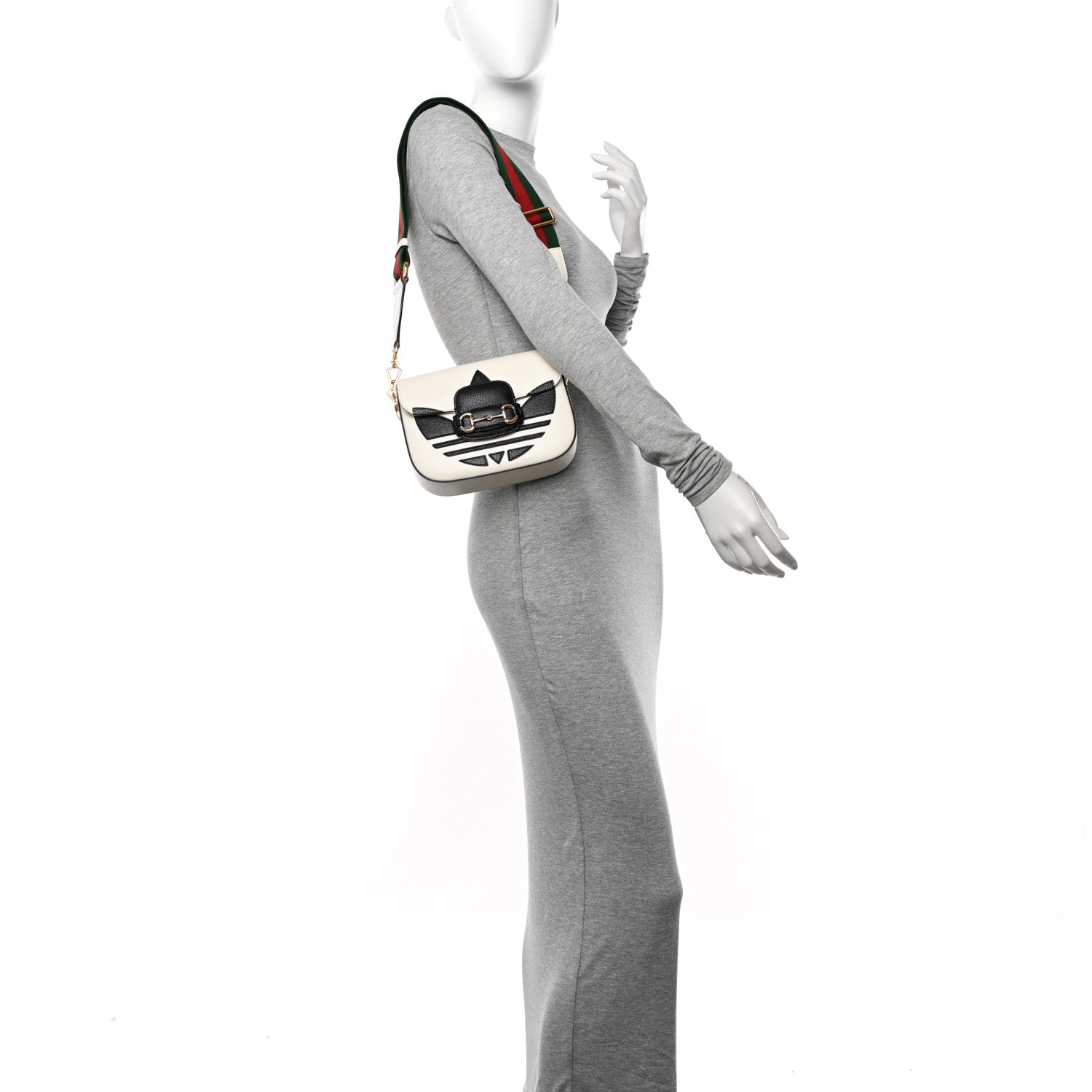 Gucci X ADIDAS Textured Dollar Calfskin Web Trefoil Mini Horsebit 1955 Shoulder Bag Off White Black 2 of 10