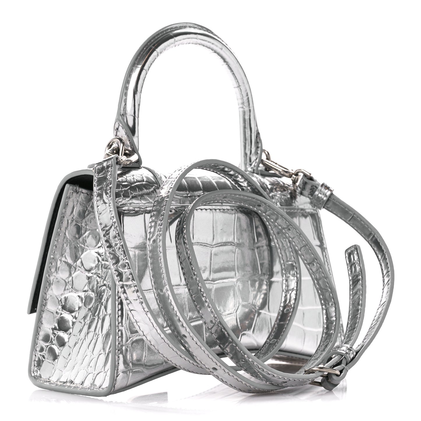 Metallic Shiny Calfskin Crocodile Embossed Hourglass Top Handle Bag XS Aluminum