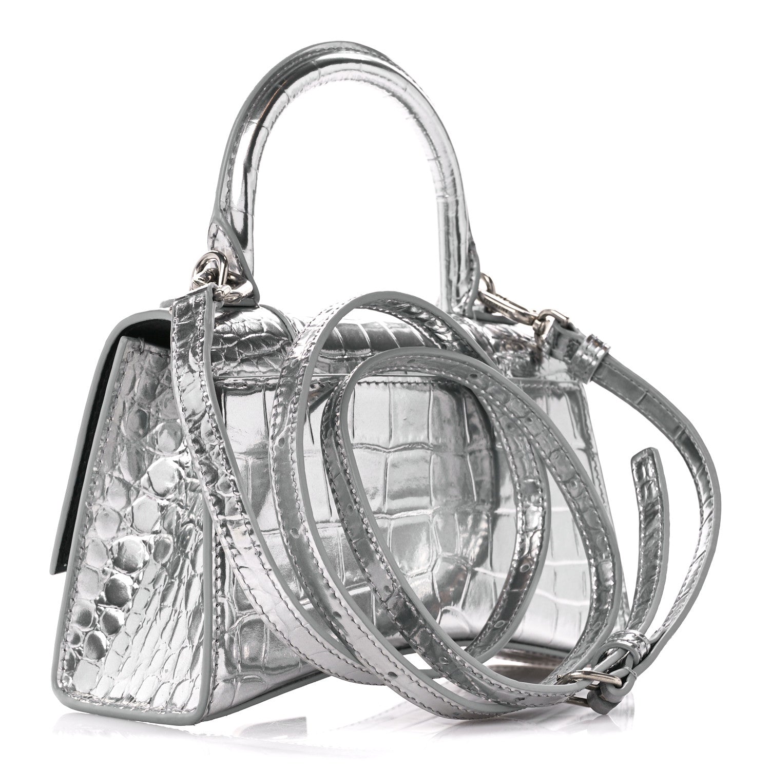 Balenciaga Metallic Shiny Calfskin Crocodile Embossed Hourglass Top Handle Bag XS Aluminum 3 of 11