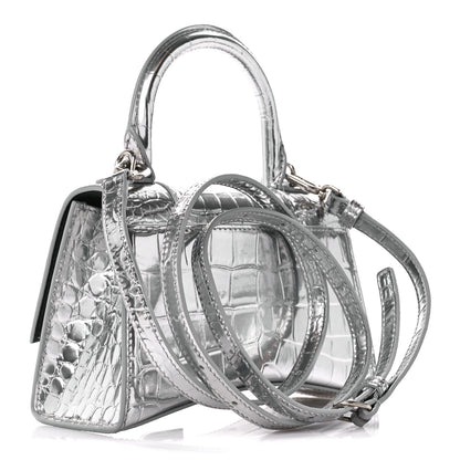 Balenciaga Metallic Shiny Calfskin Crocodile Embossed Hourglass Top Handle Bag XS Aluminum 3 of 11